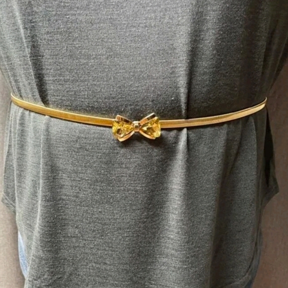 Metallic stretch Gold belt bow buckle waist cinch elegant evening dress - Picture 9 of 10